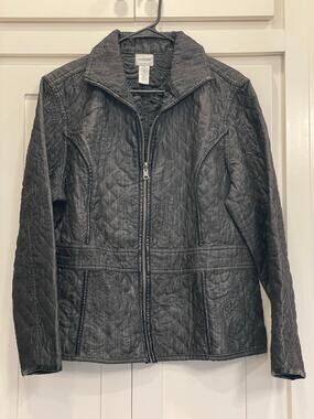Chico's Charcoal  Black Floral Quilted Jacket Blazer 3/XL Faux Leather accents